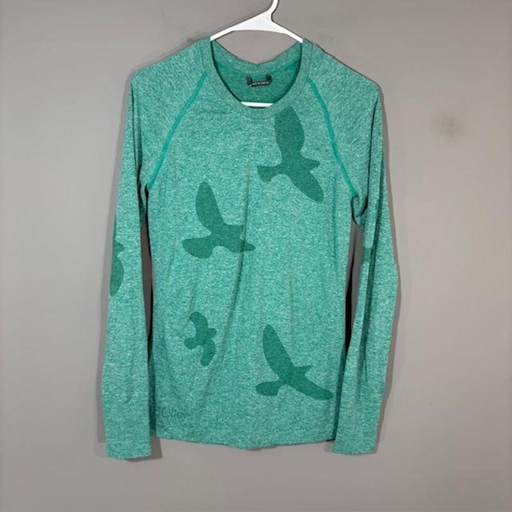 Oiselle Shirt Womens Medium Green Flyte Birds Long Sleeve Thumbholes Running